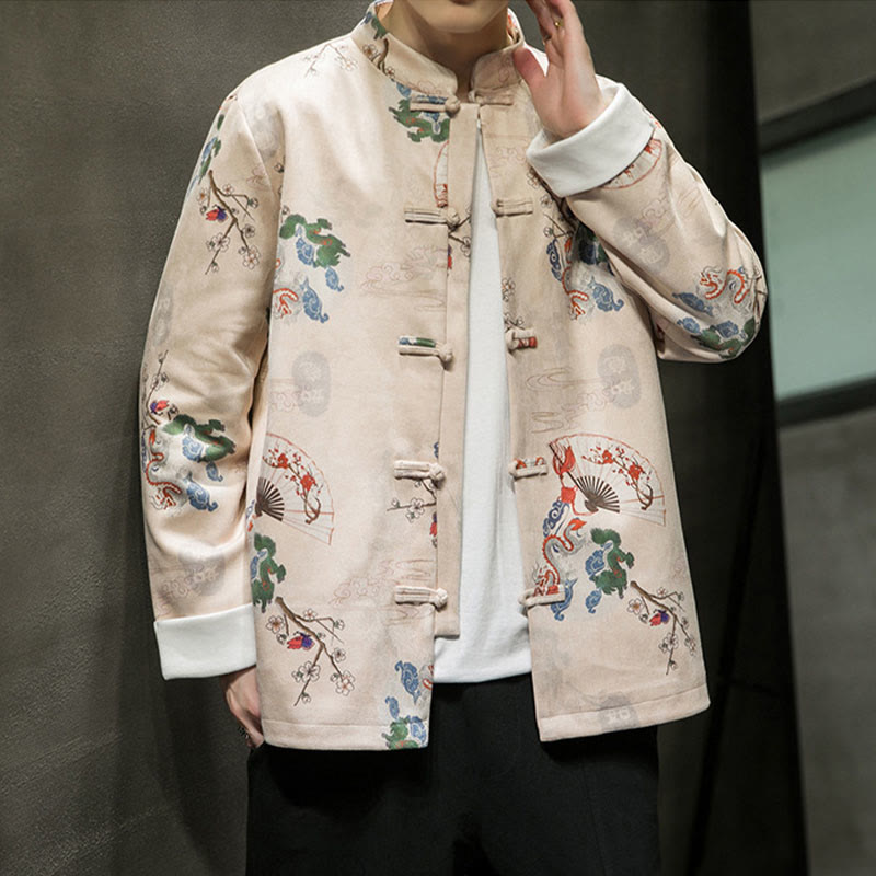 Traje Tang de algodón para hombre, chaqueta y camisa con botones de rana y flores, abanico de dragón y nubes auspiciosas, ropa de Año Nuevo chino con piedras de Buddha Stones