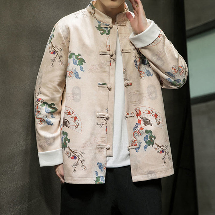 Traje Tang de algodón para hombre, chaqueta y camisa con botones de rana y flores, abanico de dragón y nubes auspiciosas, ropa de Año Nuevo chino con piedras de Buddha Stones