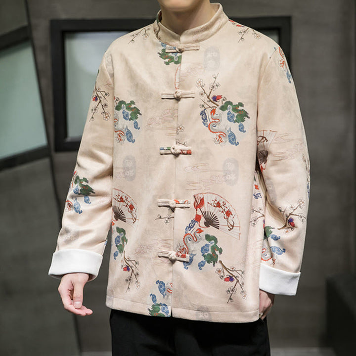 Traje Tang de algodón para hombre, chaqueta y camisa con botones de rana y flores, abanico de dragón y nubes auspiciosas, ropa de Año Nuevo chino con piedras de Buddha Stones