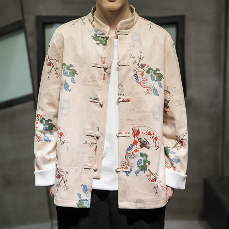 Traje Tang de algodón para hombre, chaqueta y camisa con botones de rana y flores, abanico de dragón y nubes auspiciosas, ropa de Año Nuevo chino con piedras de Buddha Stones