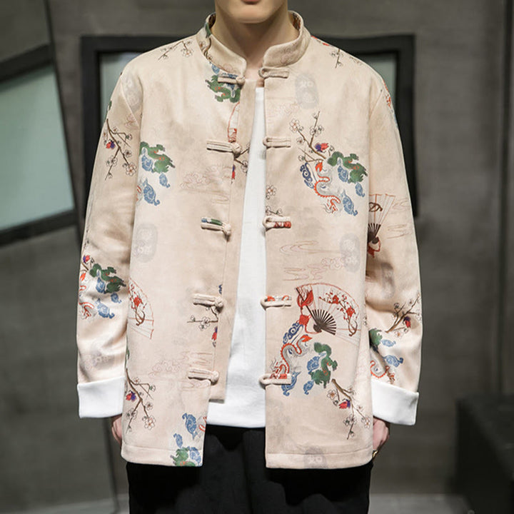 Traje Tang de algodón para hombre, chaqueta y camisa con botones de rana y flores, abanico de dragón y nubes auspiciosas, ropa de Año Nuevo chino con piedras de Buddha Stones