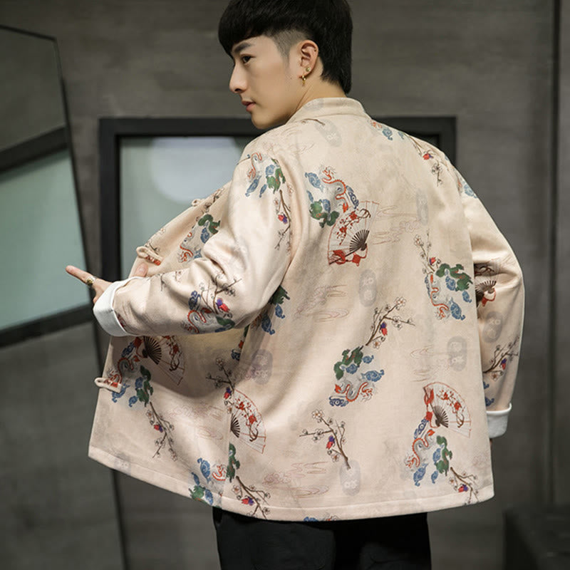 Traje Tang de algodón para hombre, chaqueta y camisa con botones de rana y flores, abanico de dragón y nubes auspiciosas, ropa de Año Nuevo chino con piedras de Buddha Stones
