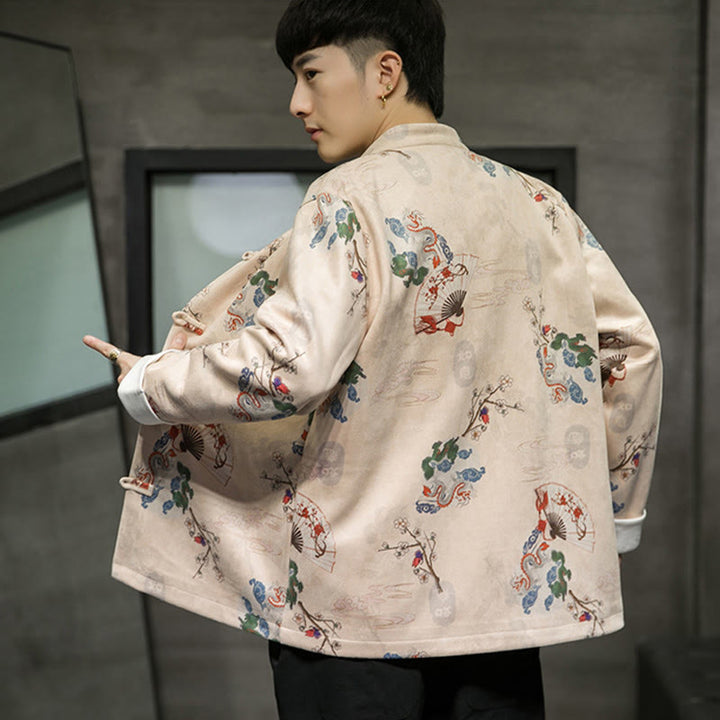 Traje Tang de algodón para hombre, chaqueta y camisa con botones de rana y flores, abanico de dragón y nubes auspiciosas, ropa de Año Nuevo chino con piedras de Buddha Stones