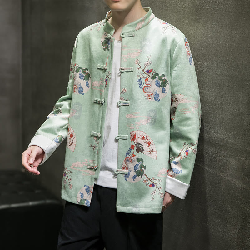 Traje Tang de algodón para hombre, chaqueta y camisa con botones de rana y flores, abanico de dragón y nubes auspiciosas, ropa de Año Nuevo chino con piedras de Buddha Stones