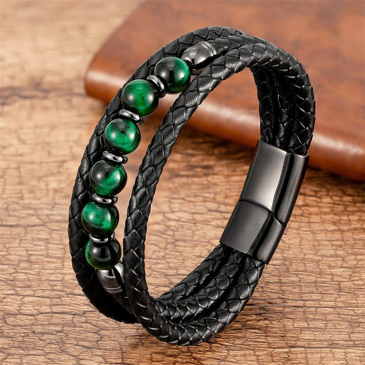 Pulsera de cuero con cuentas de ónix negro, hematita, piedra de lava y ojo de tigre de Buddha Stones - Ojo de tigre verde - 18-22 cm - image 1