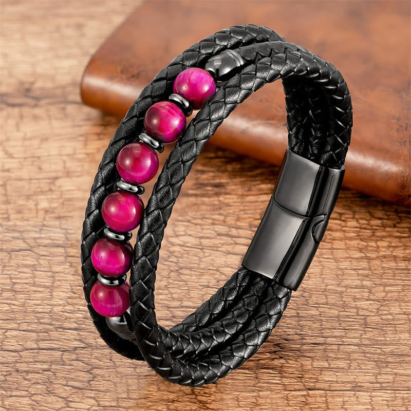 Pulsera de cuero con cuentas de ónix negro, hematita, piedra de lava y ojo de tigre de Buddha Stones - Ojo de tigre rojo rosa - 18-22 cm - image 4