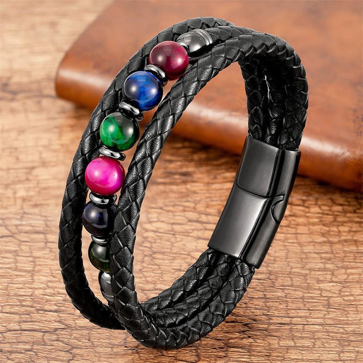 Pulsera de cuero con cuentas de ónix negro, hematita, piedra de lava y ojo de tigre de Buddha Stones - Ojo de tigre multicolor - 18-22 cm - image 5