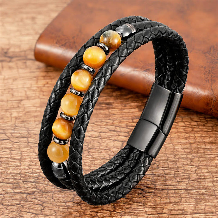 Pulsera de cuero con cuentas de ónix negro, hematita, piedra de lava y ojo de tigre de Buddha Stones - Ojo de tigre dorado - 18-22 cm - image 6