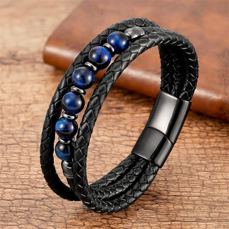 Pulsera de cuero con cuentas de ónix negro, hematita, piedra de lava y ojo de tigre de Buddha Stones - Ojo de tigre azul - 18-22 cm - image 7