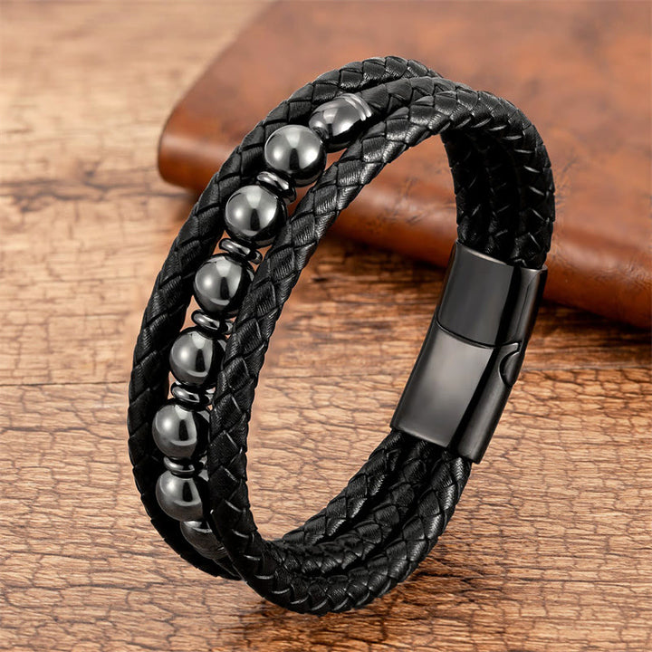 Pulsera de cuero con cuentas de ónix negro, hematita, piedra de lava y ojo de tigre de Buddha Stones - Hematites - 18-22 cm - image 11