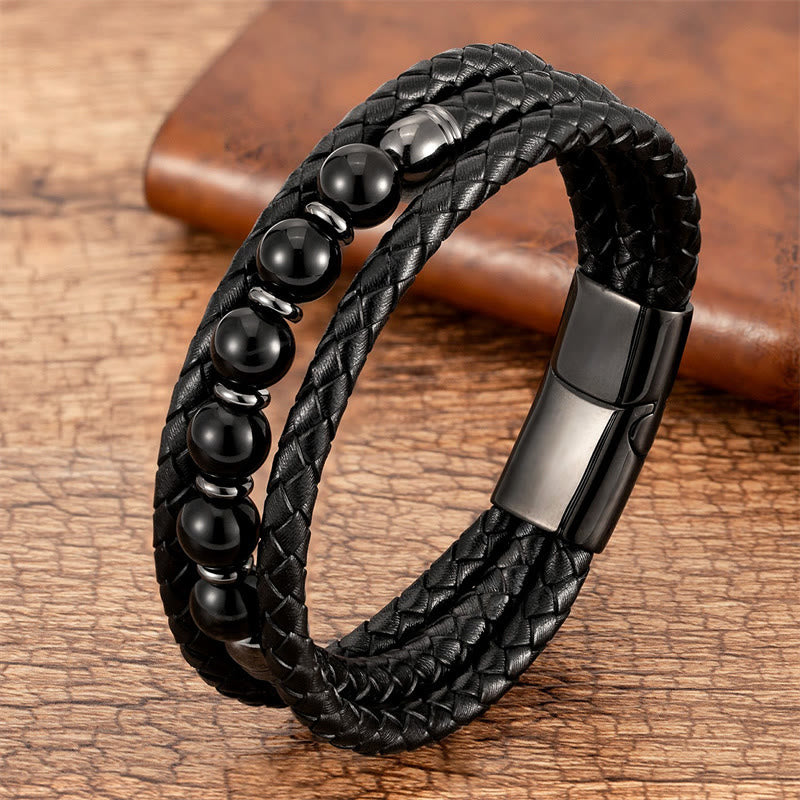 Pulsera de cuero con cuentas de ónix negro, hematita, piedra de lava y ojo de tigre de Buddha Stones - Ónix negro - 18-22 cm - image 13