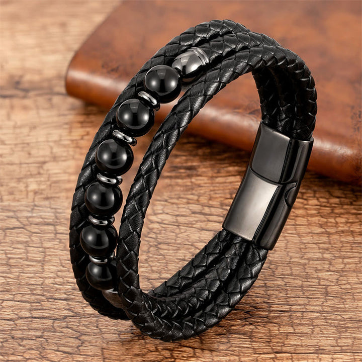 Pulsera de cuero con cuentas de ónix negro, hematita, piedra de lava y ojo de tigre de Buddha Stones - Ónix negro - 18-22 cm - image 13