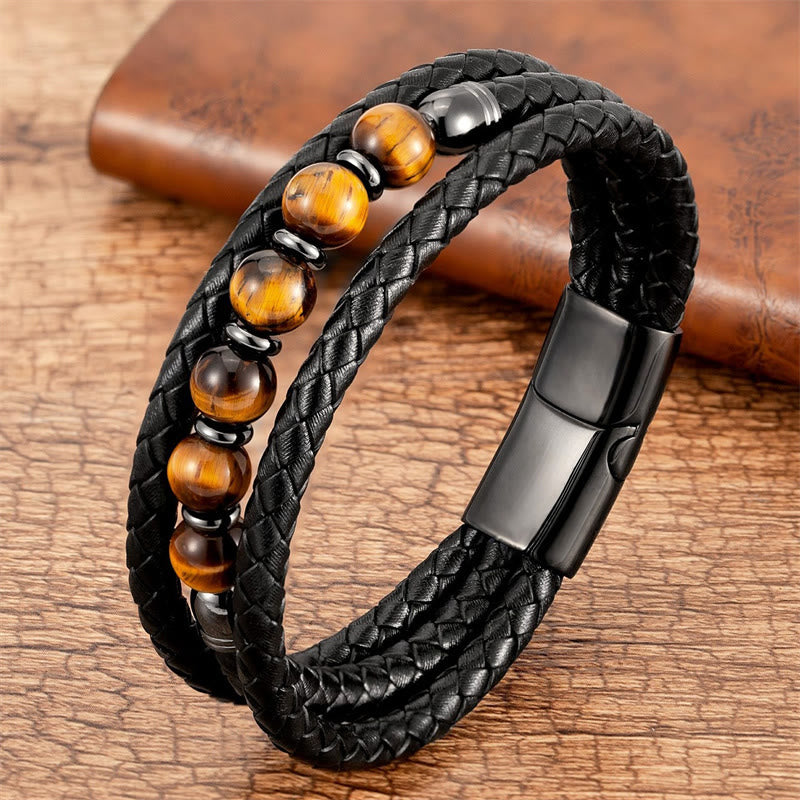 Pulsera de cuero con cuentas de ónix negro, hematita, piedra de lava y ojo de tigre de Buddha Stones - Ojo de tigre amarillo - 18-22 cm - image 15