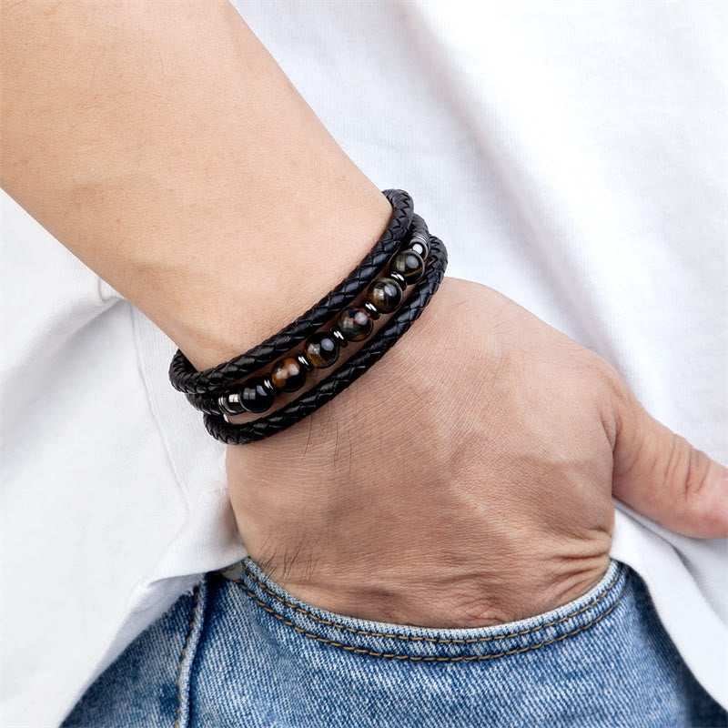 Pulsera de cuero con cuentas de ónix negro, hematita, piedra de lava y ojo de tigre de Buddha Stones - image 17