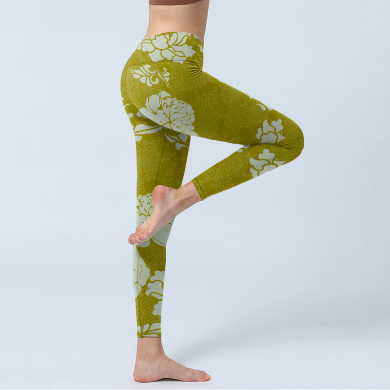 Leggings de yoga para mujer con estampado de flores monocromáticas y Buddha Stones - image 3