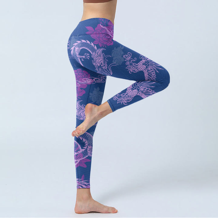 Leggings de yoga para mujer con estampado de flores de fénix, dragón morado y Buddha Stones - image 3