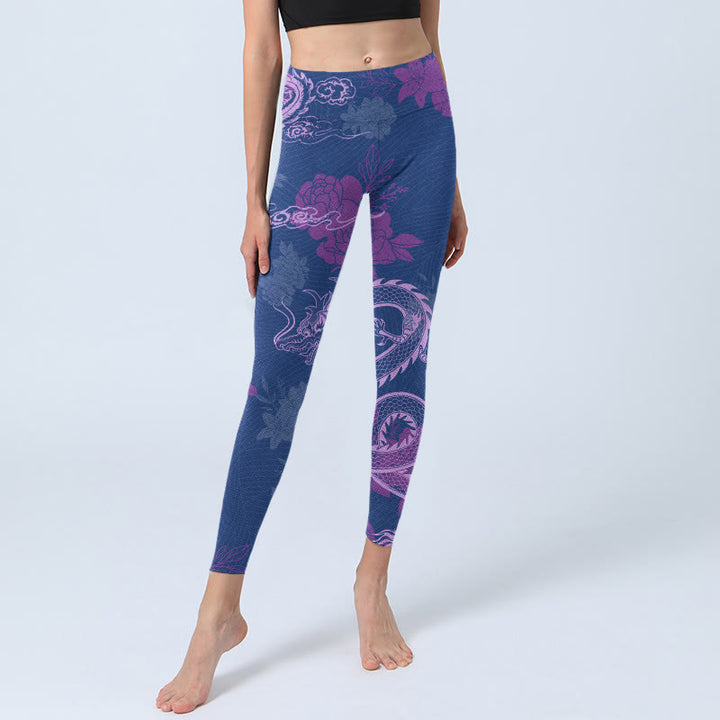 Leggings de yoga para mujer con estampado de flores de fénix, dragón morado y Buddha Stones - image 5