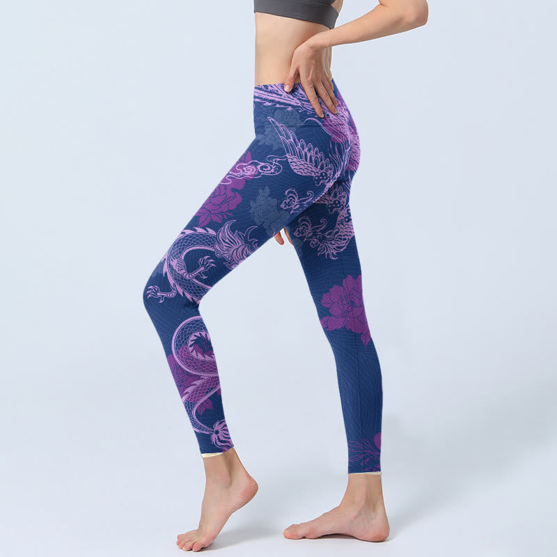Leggings de yoga para mujer con estampado de flores de fénix, dragón morado y Buddha Stones - image 3
