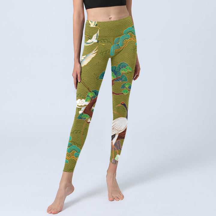 Leggings de yoga para mujer con estampado de Buddha Stones, grullas voladoras, nubes propicias y árboles - image 6