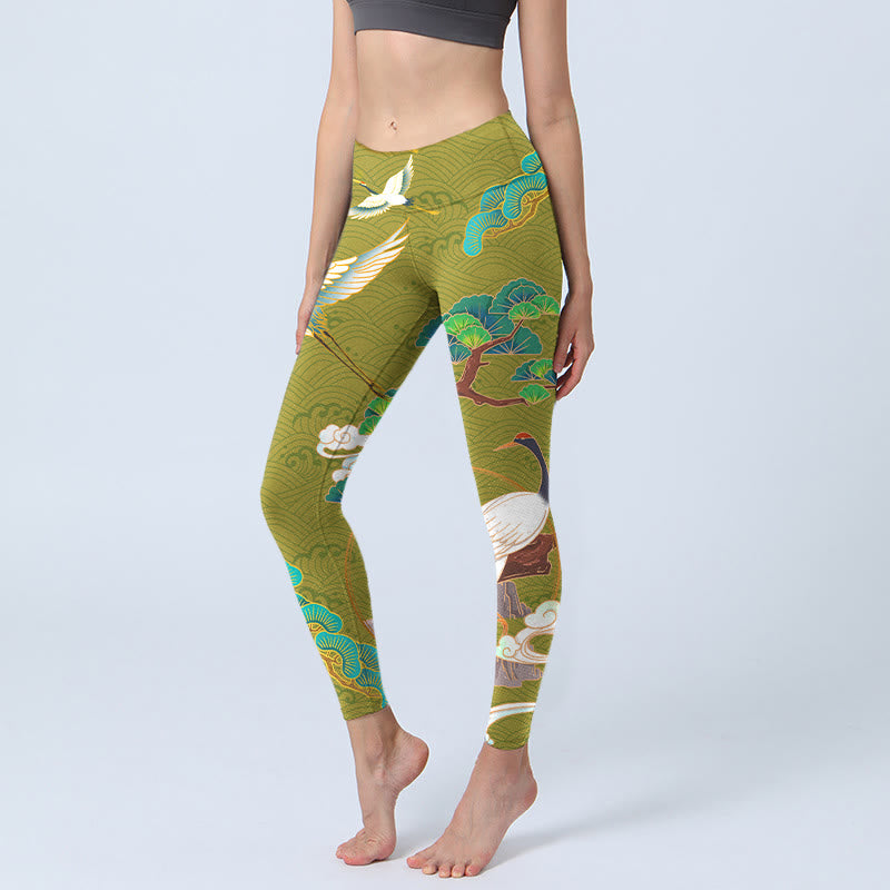 Leggings de yoga para mujer con estampado de Buddha Stones, grullas voladoras, nubes propicias y árboles - Verde oliva - US18，UK/AU22，EU50 (4XL) - image 0