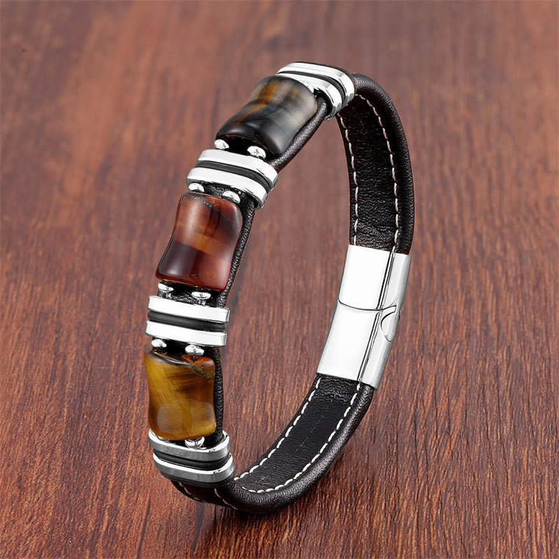 Buddha Stones Pulsera de cuero con protección de tres piedras de bambú y ojo de tigre - image 0