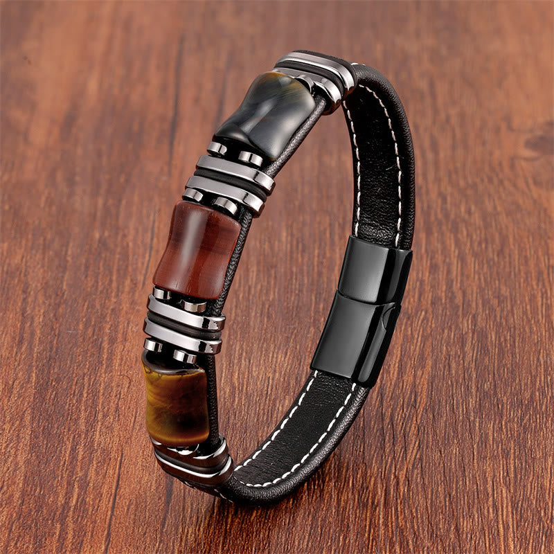 Buddha Stones Pulsera de cuero con protección de tres piedras de bambú y ojo de tigre - Amarillo-Marrón-Rojo-Negro Ojo de Tigre-Negro - 21-22 cm - image 29