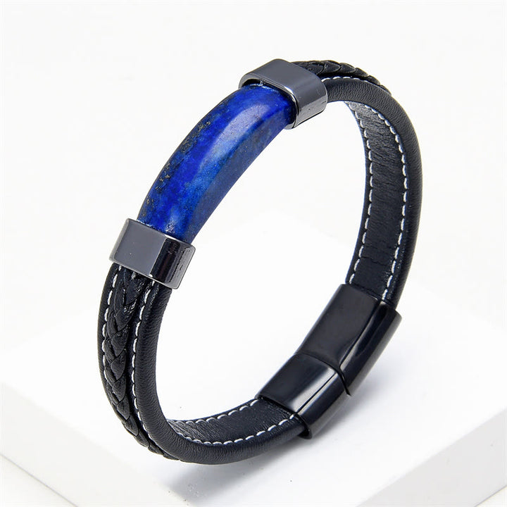 Pulsera de cuero con Buddha Stones, lazurita, ojo de tigre, rodonita, hematita y ónix negro - Lazurita - 18-22 cm - image 1