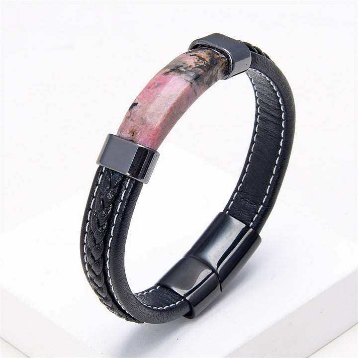 Pulsera de cuero con Buddha Stones, lazurita, ojo de tigre, rodonita, hematita y ónix negro - Rodonita - 18-22 cm - image 6
