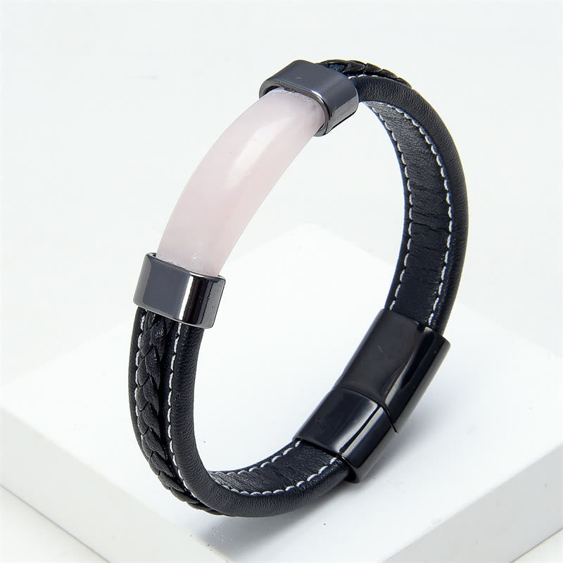 Pulsera de cuero con Buddha Stones , lazurita, lapislázuli, ojo de tigre, rodonita, hematita, ónix negro - Cuarzo rosa - 18-22 cm - image 7