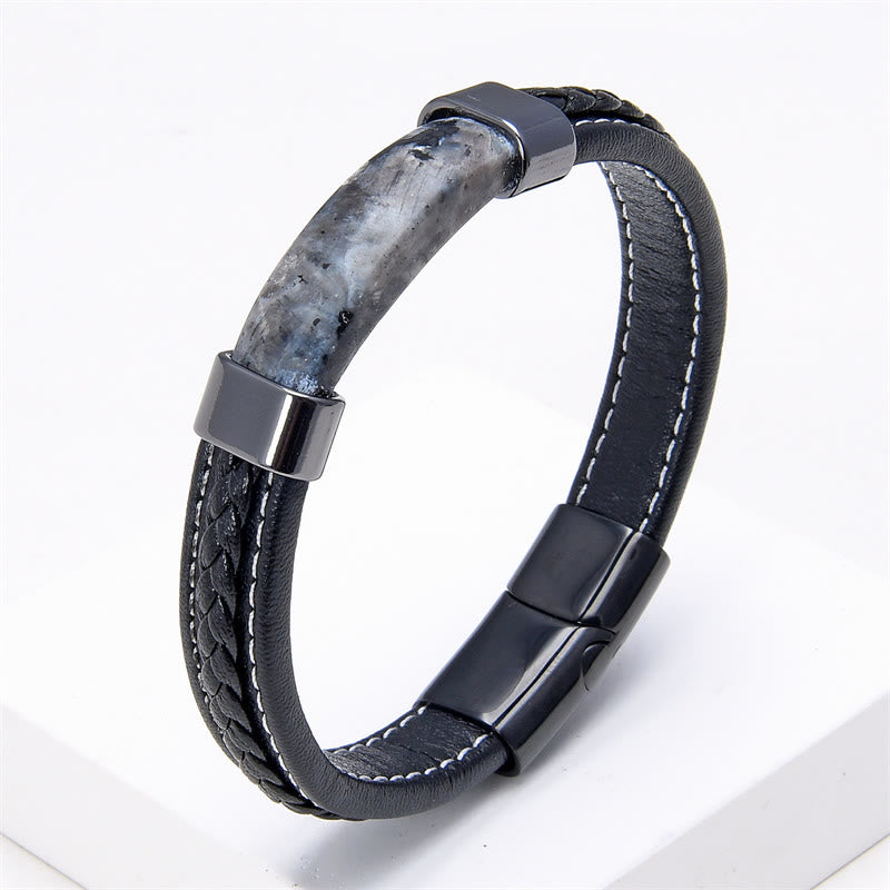 Pulsera de cuero con Buddha Stones, lazurita, ojo de tigre, rodonita, hematita y ónix negro - Piedra negra brillante - 18-22 cm - image 14