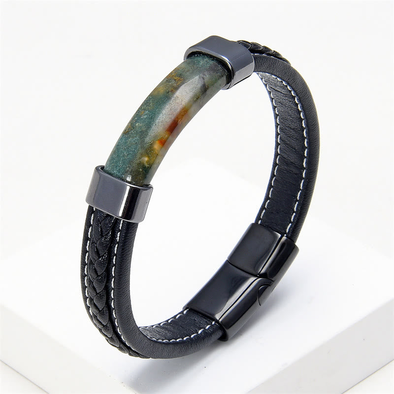 Pulsera de cuero con Buddha Stones, lazurita, ojo de tigre, rodonita, hematita y ónix negro - Ágata verde - 18-22 cm - image 16