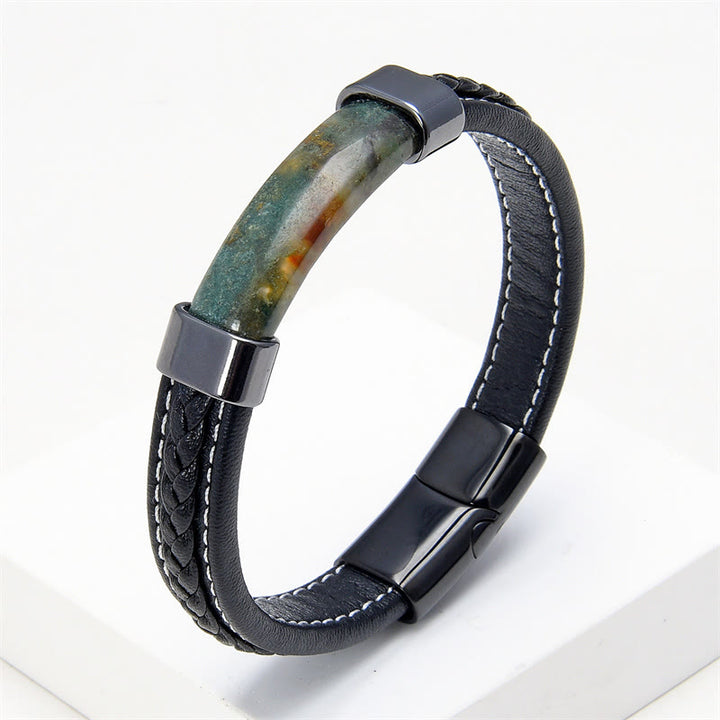 Pulsera de cuero con Buddha Stones, lazurita, ojo de tigre, rodonita, hematita y ónix negro - Ágata verde - 18-22 cm - image 16