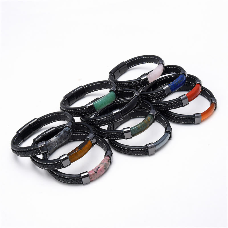 Pulsera de cuero con Buddha Stones, lazurita, ojo de tigre, rodonita, hematita y ónix negro - image 2