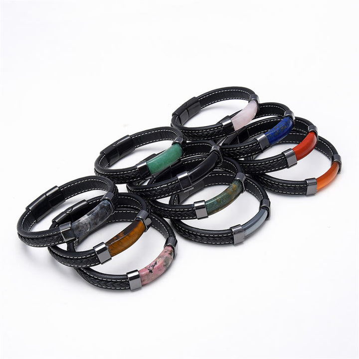 Pulsera de cuero con Buddha Stones, lazurita, ojo de tigre, rodonita, hematita y ónix negro - image 2
