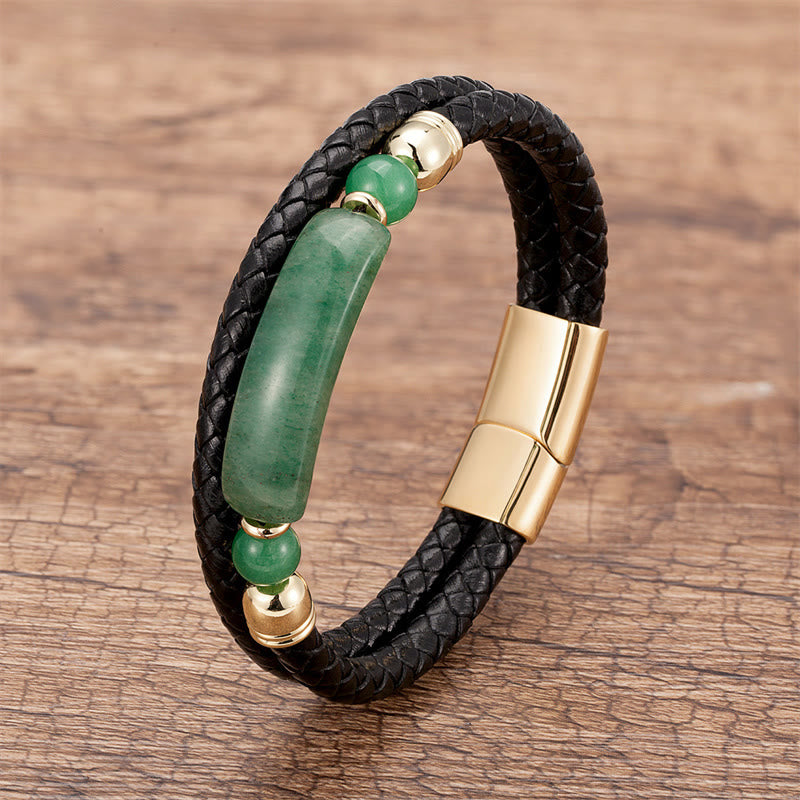 Pulsera de cuero con hebilla magnética y Buddha Stones, aventurina verde, ojo de tigre, ágata verde, ónix negro y piedra de hematita - Oro - Aventurina verde - 18-22 cm - image 1