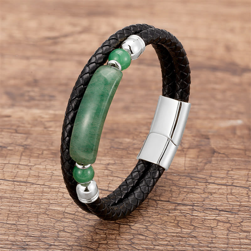 Pulsera de cuero con hebilla magnética y Buddha Stones, aventurina verde, ojo de tigre, ágata verde, ónix negro y piedra de hematita - Plata - Aventurina verde - 18-22 cm - image 2