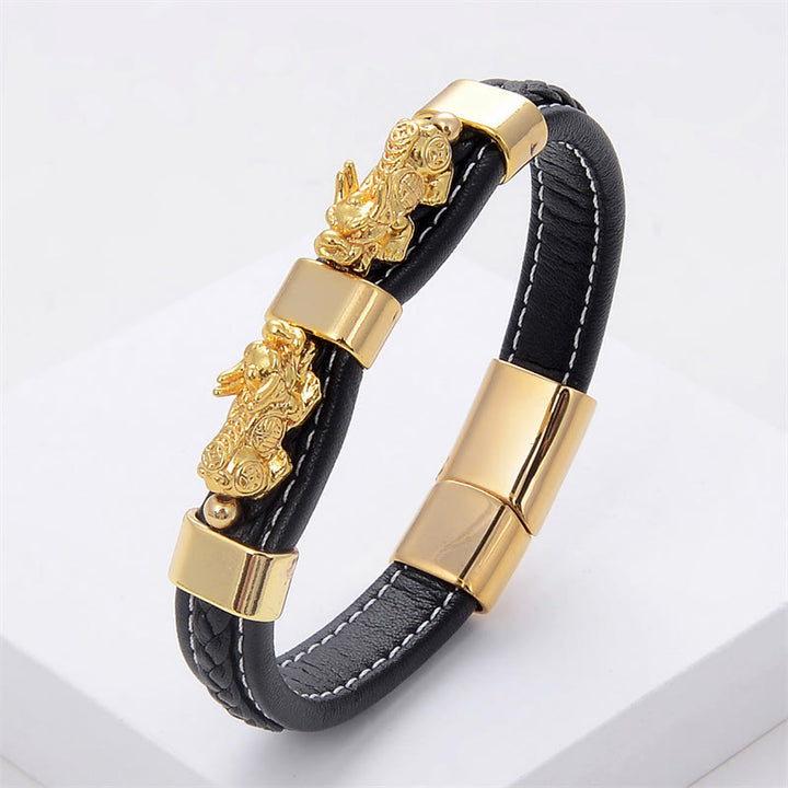 Pulsera de cuero con hebilla magnética y doble PiXiu de Buddha Stones para la riqueza y la suerte - PiXiu dorado - 18-22 cm - image 1