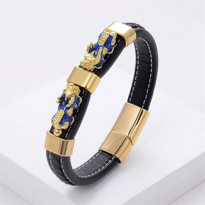 Pulsera de cuero con hebilla magnética y doble PiXiu de Buddha Stones para la riqueza y la suerte - PiXiu azul - 18-22 cm - image 5