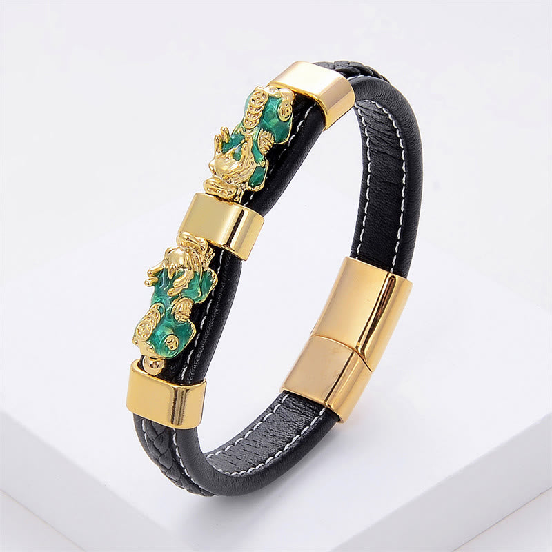 Pulsera de cuero con hebilla magnética y doble PiXiu de Buddha Stones para la riqueza y la suerte - PiXiu verde - 18-22 cm - image 3