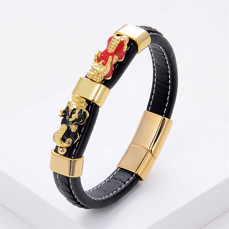 Pulsera de cuero con hebilla magnética y doble PiXiu de Buddha Stones para la riqueza y la suerte - PiXiu rojo y negro - 18-22 cm - image 4