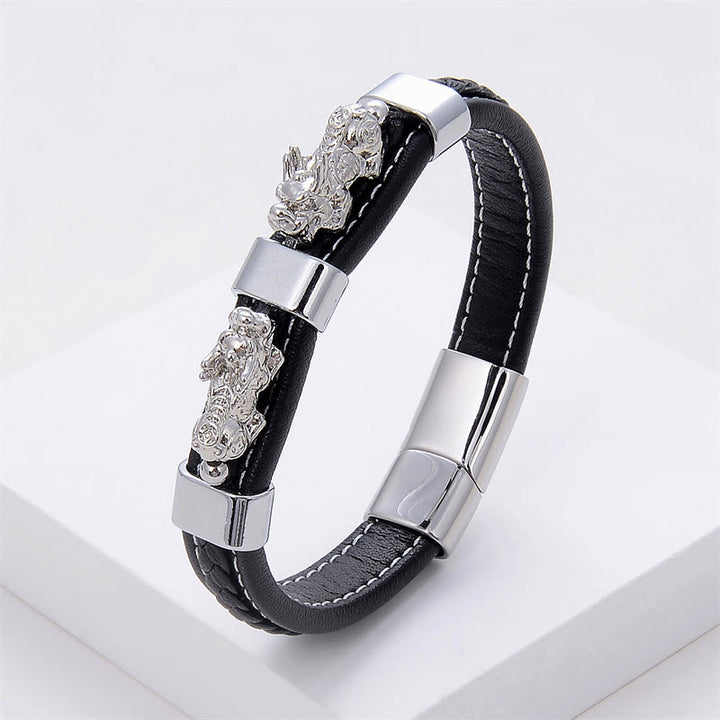Pulsera de cuero con hebilla magnética y doble PiXiu de Buddha Stones para la riqueza y la suerte - PiXiu plateado - 18-22 cm - image 9