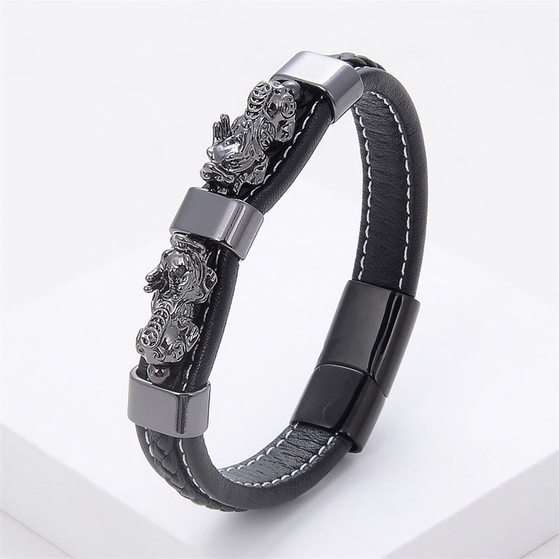 Pulsera de cuero con hebilla magnética y doble PiXiu de Buddha Stones para la riqueza y la suerte - PiXiu gris negro - 18-22 cm - image 10