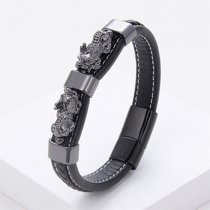 Pulsera de cuero con hebilla magnética y doble PiXiu de Buddha Stones para la riqueza y la suerte - PiXiu gris negro - 18-22 cm - image 10