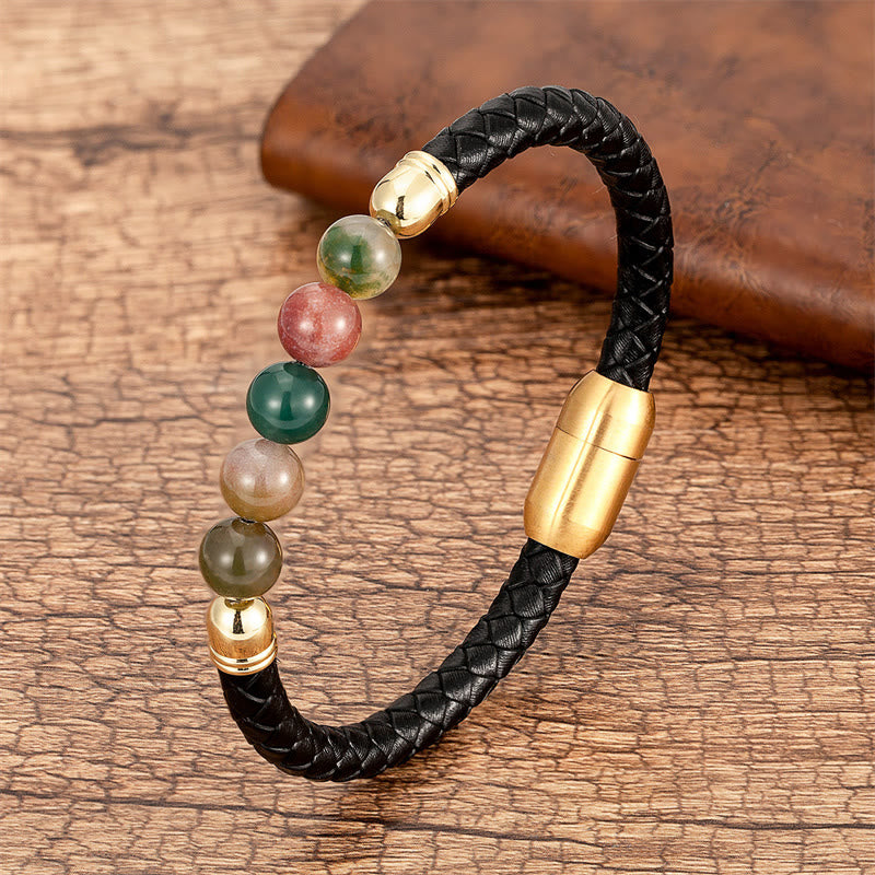 Pulsera de cuero protectora con cuentas de lazurita, ónix negro, ágata azul, ojo de tigre y Buddha Stones - Ágata - 18-22 cm - image 1