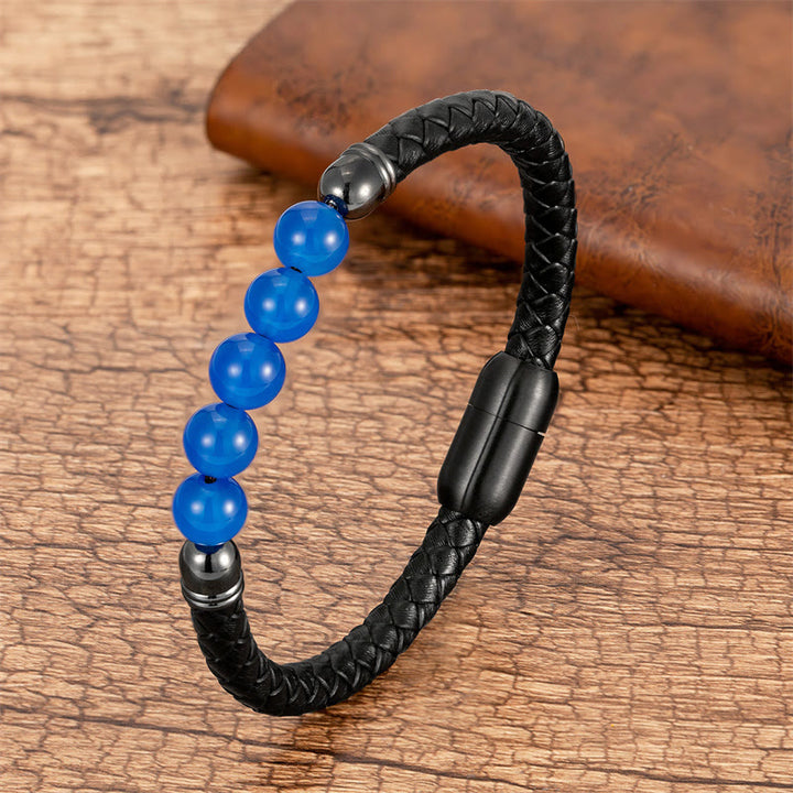 Pulsera de cuero con Buddha Stones, ágata azul, ojo de tigre, roca de lava, ónix negro, lazurita y lapislázuli. - Ágata azul - 18-22 cm - image 1