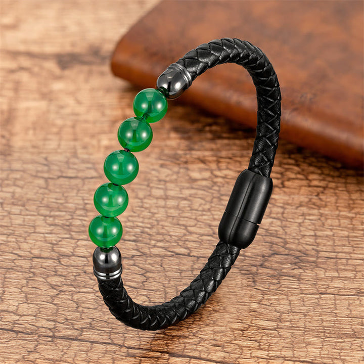 Pulsera de cuero protectora con cuentas de lazurita, ónix negro, ágata azul, ojo de tigre y Buddha Stones - Ágata verde - 18-22 cm - image 8