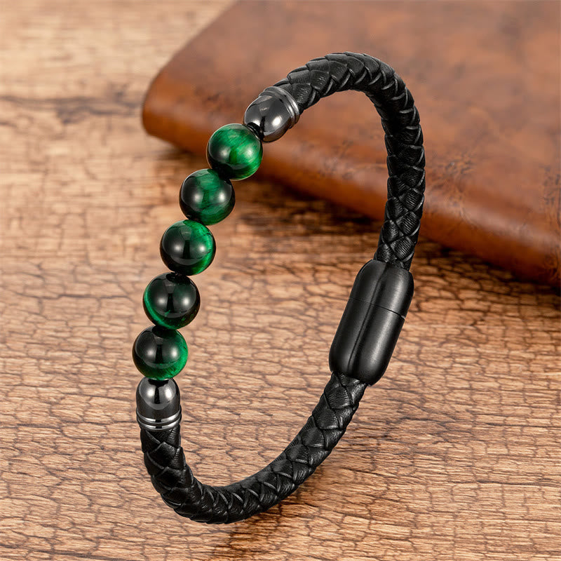 Pulsera de cuero con Buddha Stones, ágata azul, ojo de tigre, roca de lava, ónix negro, lazurita y lapislázuli. - Ojo de tigre verde - 18-22 cm - image 9