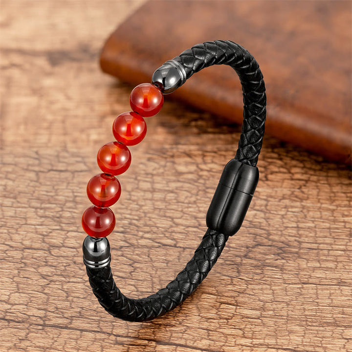 Pulsera de cuero con Buddha Stones, ágata azul, ojo de tigre, roca de lava, ónix negro, lazurita y lapislázuli. - Ágata roja - 18-22 cm - image 14