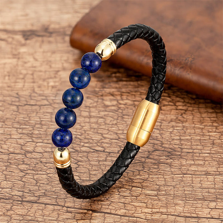 Pulsera de cuero con Buddha Stones, ágata azul, ojo de tigre, roca de lava, ónix negro, lazurita y lapislázuli. - Lazurita - 18-22 cm - image 19