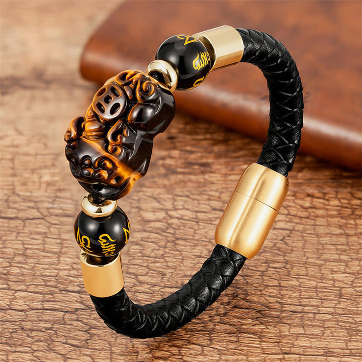 Pulsera de cuero con Buddha Stones , ojo de tigre, ónix negro, ágata roja, moneda de cobre PiXiu, Om Mani Padme Hum - Ojo de tigre - 18-22 cm - image 1